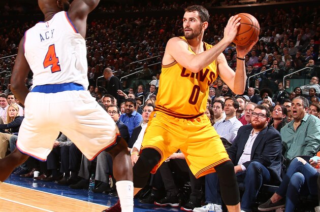 NEW YORK, NY - DECEMBER 4: Kevin Love #0 of the Cleveland Cavaliers looks to pass against the New York Knicks at Madison Square Garden in New York City, New York on December 4, 2014. NOTE TO USER: User expressly acknowledges and agrees that, by downloading and or using this photograph, User is consenting to the terms and conditions of the Getty Images License Agreement. Mandatory Copyright Notice: Copyright 2014 NBAE (Photo by Nathaniel S. Butler/NBAE via Getty Images) NEW YORK, NY - DECEMBER 4: Kevin Love #0 of the Cleveland Cavaliers looks to pass against the New York Knicks at Madison Square Garden in New York City, New York on December 4, 2014. NOTE TO USER: User expressly acknowledges and agrees that, by downloading and or using this photograph, User is consenting to the terms and conditions of the Getty Images License Agreement. Mandatory Copyright Notice: Copyright 2014 NBAE (Photo by Nathaniel S. Butler/NBAE via Getty Images)