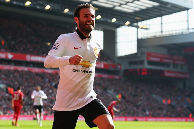 LIVERPOOL, ENGLAND - MARCH 22:  Juan Mata of Manchester United celebrates scoring his second goal during the Barclays Premier League match between Liverpool and Manchester United at Anfield on March 22, 2015 in Liverpool, England.  (Photo by Alex Livesey/Getty Images)
