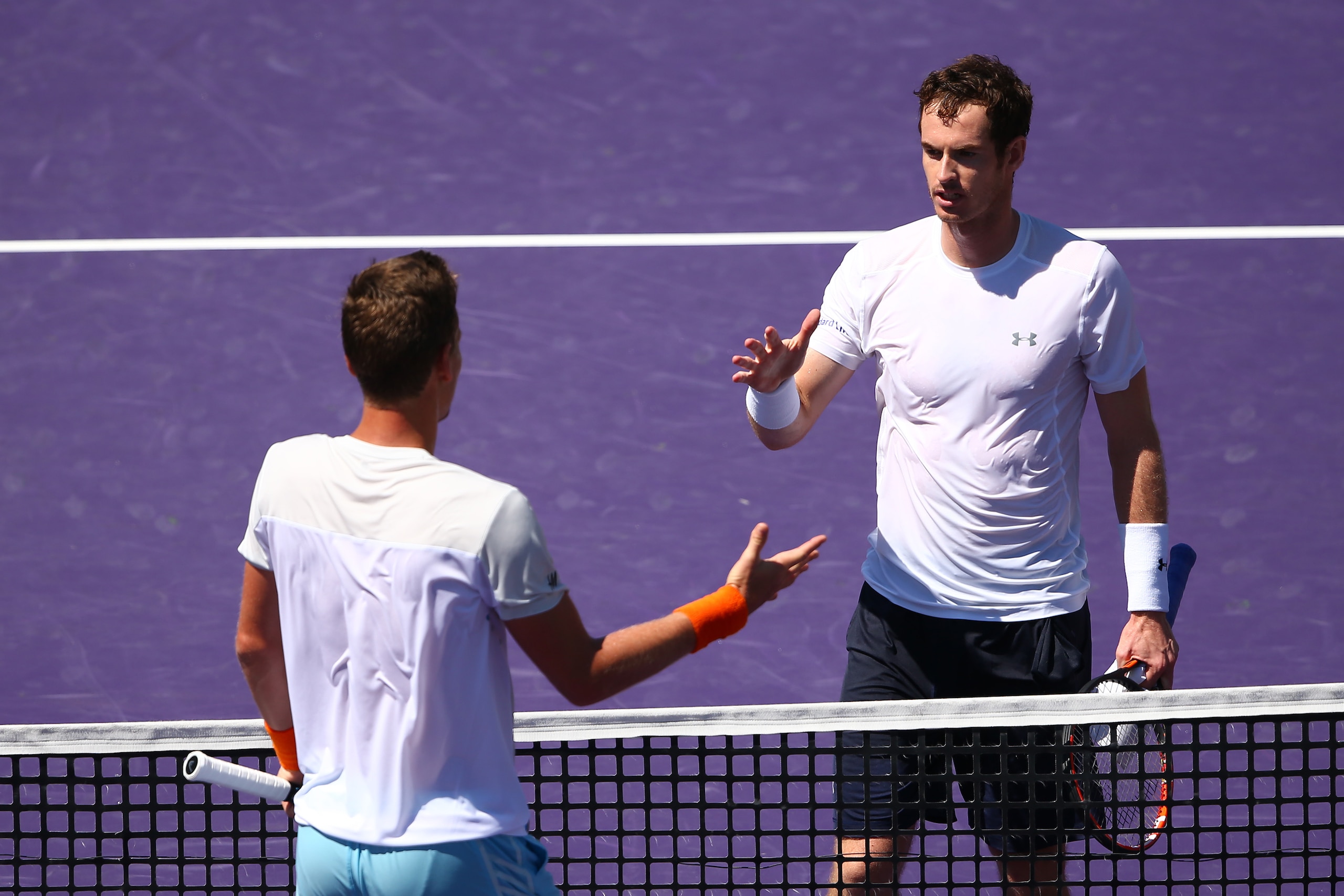 KEY BISCAYNE, FL - APRIL 03: Andy Murray of Great Britain shakes hands at the net after his straight sets victory against Tomas Berdych of the Czech Republic in their semi-final match during the Miami Open Presented by Itau at Crandon Park Tennis Center on April 3, 2015 in Key Biscayne, Florida. (Photo by Clive Brunskill/Getty Images) KEY BISCAYNE, FL - APRIL 03: Andy Murray of Great Britain shakes hands at the net after his straight sets victory against Tomas Berdych of the Czech Republic in their semi-final match during the Miami Open Presented by Itau at Crandon Park Tennis Center on April 3, 2015 in Key Biscayne, Florida. (Photo by Clive Brunskill/Getty Images)