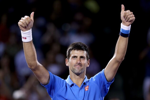 KEY BISCAYNE, FL - APRIL 03: Novak Djokovic of Serbia celebrates his win over John Isner during day 12 of the Miami Open Presented by Itau at Crandon Park Tennis Center on April 3, 2015 in Key Biscayne, Florida. (Photo by Matthew Stockman/Getty Images)