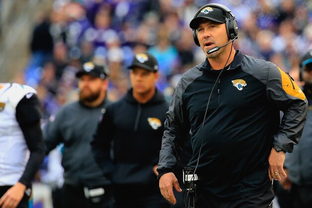 BALTIMORE, MD - DECEMBER 14: Head coach Gus Bradley of the Jacksonville Jaguars looks on during the first quarter of a game against the Baltimore Ravens at M&T Bank Stadium on December 14, 2014 in Baltimore, Maryland.  (Photo by Rob Carr/Getty Images)
