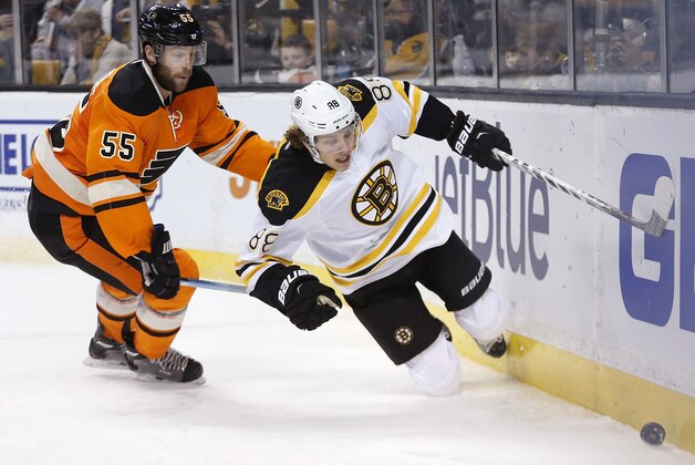 Philadelphia Flyers' Nick Schultz (55) and Boston Bruins' David Pastrnak (88), of the Czech Republic, battle for the puck during the second period of an an NHL hockey game in Boston, Saturday, March 7, 2015. (AP Photo/Michael Dwyer)