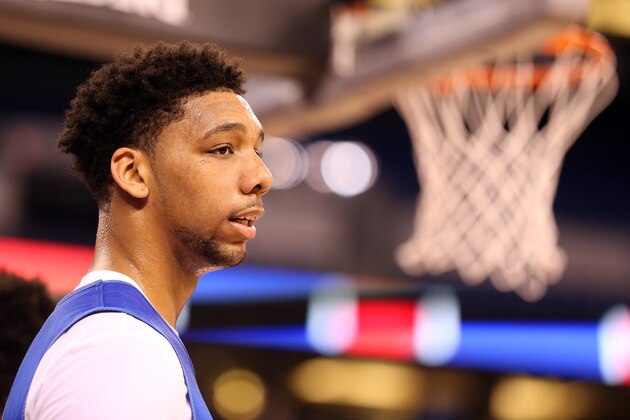 INDIANAPOLIS, IN - APRIL 03:  Jahlil Okafor #15 of the Duke Blue Devils looks on during practice for the NCAA Men's Final Four at Lucas Oil Stadium on April 3, 2015 in Indianapolis, Indiana.  (Photo by Andy Lyons/Getty Images)