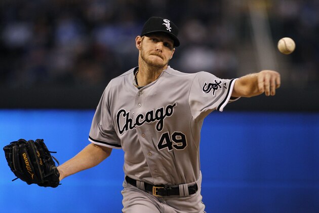 Chicago White Sox pitcher Chris Sale throws from the mound before a baseball game against the Kansas City Royals at Kauffman Stadium in Kansas City, Mo., Wednesday, Sept. 17, 2014. (AP Photo/Colin E. Braley)