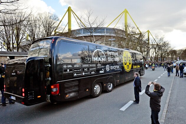 DORTMUND, GERMANY - APRIL 04:  The MAN team bus of Borussia Dortmund arrives prior to the Bundesliga match between Borussia Dortmund and FC Bayern Muenchen at Signal Iduna Park on April 4, 2015 in Dortmund, Germany.  (Photo by Sascha Steinbach/Getty Images For MAN)