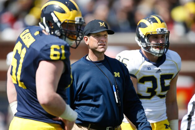 ANN ARBOR, MI - APRIL 04: Head coach Jim Harbaugh of the Michigan Wolverines looks on during the Michigan Football Spring Game on April 4, 2015 at Michigan Stadium in Ann Arbor, Michigan.  (Photo by Gregory Shamus/Getty Images)