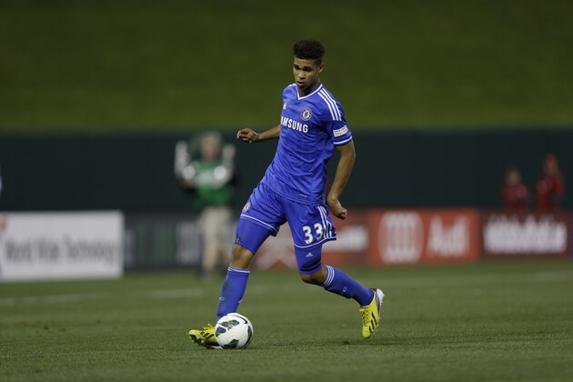 Chelsea's Ruben Loftus-Cheek controls the ball during the second half of an exhibition soccer match against Manchester City Thursday, May 23, 2013, at Busch Stadium in St. Louis. Manchester City won 4-3. (AP Photo/Jeff Roberson)