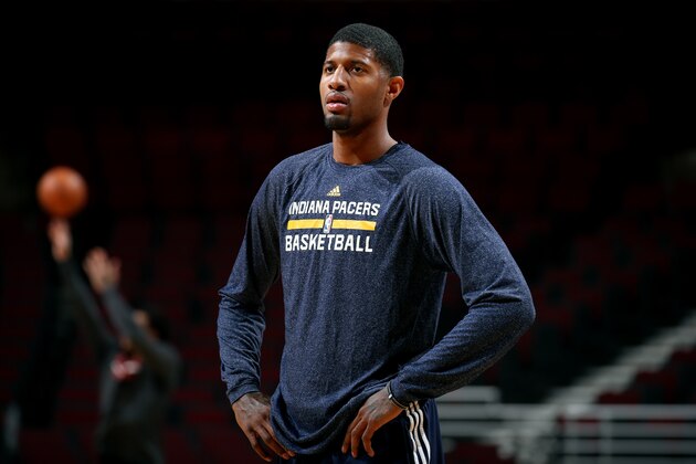 CHICAGO, IL - MARCH 18: Paul George #13 of the Indiana Pacers warms up before a game against the Chicago Bulls on March 18, 2015 at the United Center in Chicago, Illinois. NOTE TO USER: User expressly acknowledges and agrees that, by downloading and or using this Photograph, user is consenting to the terms and conditions of the Getty Images License Agreement. Mandatory Copyright Notice: Copyright 2015 NBAE (Photo by Joe Murphy/NBAE via Getty Images)