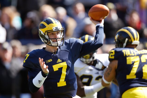 ANN ARBOR, MI - APRIL 04: Shane Morris #7 of the Michigan Wolverines throws a pass during the Michigan Football Spring Game on April 4, 2015 at Michigan Stadium in Ann Arbor, Michigan.  (Photo by Gregory Shamus/Getty Images)