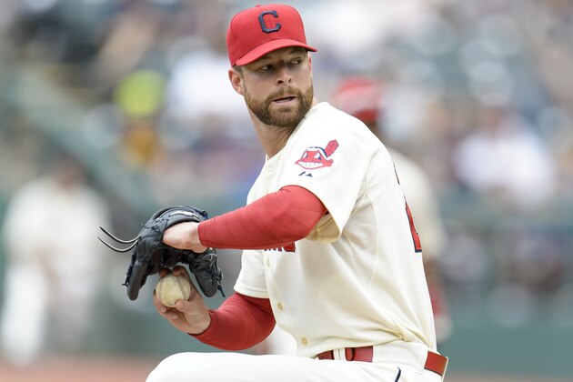 CLEVELAND, OH - JULY 6: Starting pitcher Corey Kluber #28 of the Cleveland Indians pitches during the first inning against the Kansas City Royals at Progressive Field on July 6, 2014 in Cleveland, Ohio.  (Photo by Jason Miller/Getty Images)