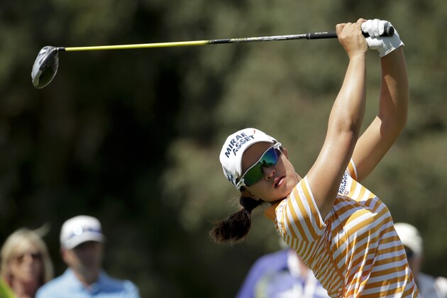 Sei Young Kim, of South Korea, watches her tee shot on the second hole during the third round of the LPGA Tour ANA Inspiration golf tournament at Mission Hills Country Club on Saturday, April 4, 2015, in Rancho Mirage, Calif. (AP Photo/Chris Carlson)