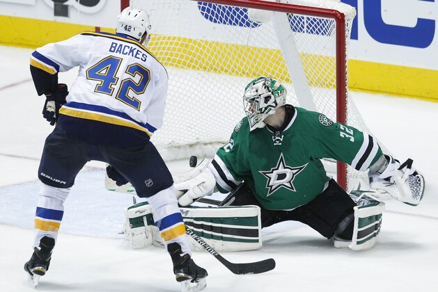 Dallas Stars goalie Kari Lehtonen (32) and St. Louis Blues center David Backes (42) watch the puck sail into the goal on a shot from Blues left wing Alexander Steen (not pictured) in the third period of an NHL hockey game, Sunday, March 15, 2015, in Dallas. St. Louis won the game 3-0. (AP Photo/Tim Sharp)