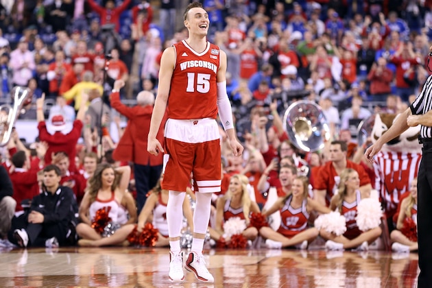 INDIANAPOLIS, IN - APRIL 04: Sam Dekker #15 of the Wisconsin Badgers reacts late in the game against the Kentucky Wildcats during the NCAA Men's Final Four Semifinal at Lucas Oil Stadium on April 4, 2015 in Indianapolis, Indiana.  (Photo by Andy Lyons/Getty Images)