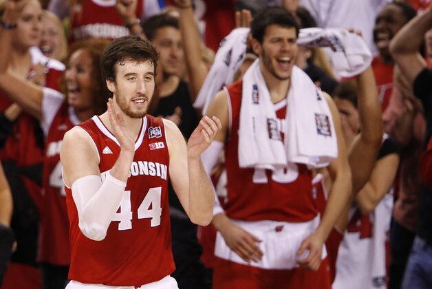 Apr 4, 2015; Indianapolis, IN, USA; Wisconsin Badgers forward Frank Kaminsky (44) reacts after the 2015 NCAA Men's Division I Championship semi-final game against the Kentucky Wildcats at Lucas Oil Stadium. Wisconsin won 71-64. Mandatory Credit: Brian Spurlock-USA TODAY Sports