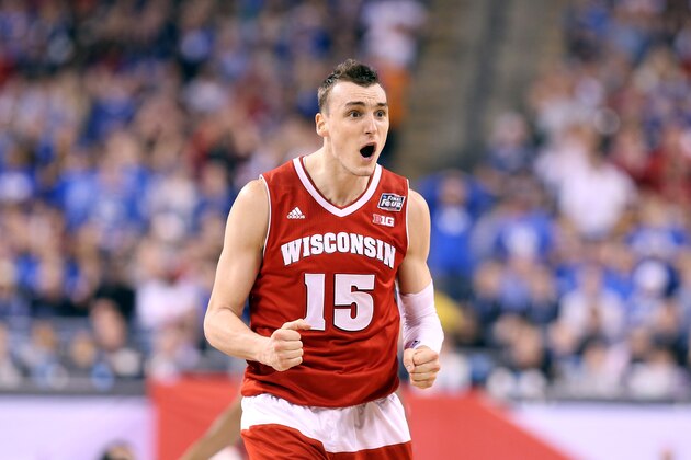 INDIANAPOLIS, IN - APRIL 04:  Sam Dekker #15 of the Wisconsin Badgers reacts after a play in the second half against the Kentucky Wildcats during the NCAA Men's Final Four Semifinal at Lucas Oil Stadium on April 4, 2015 in Indianapolis, Indiana.  (Photo by Streeter Lecka/Getty Images)