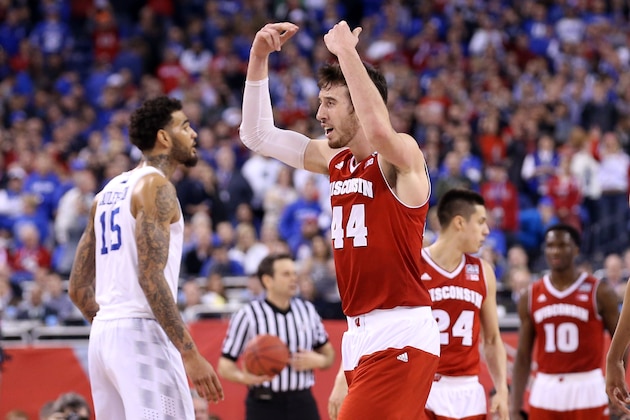 INDIANAPOLIS, IN - APRIL 04:  Frank Kaminsky #44 of the Wisconsin Badgers celebrates late in the game against the Kentucky Wildcats during the NCAA Men's Final Four Semifinal at Lucas Oil Stadium on April 4, 2015 in Indianapolis, Indiana.  (Photo by Streeter Lecka/Getty Images)