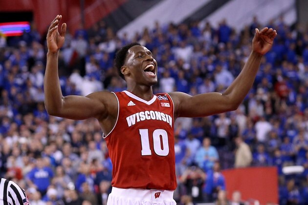 INDIANAPOLIS, IN - APRIL 04:  Nigel Hayes #10 of the Wisconsin Badgers celebrates late in the game against the Kentucky Wildcats during the NCAA Men's Final Four Semifinal at Lucas Oil Stadium on April 4, 2015 in Indianapolis, Indiana.  (Photo by Streeter Lecka/Getty Images)