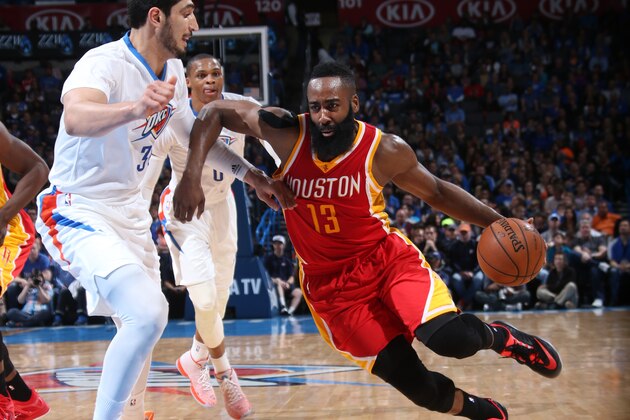 OKLAHOMA CITY, OK - APRIL 5:  James Harden #13 of the Houston Rockets handles the ball against the Oklahoma City Thunder on April 5, 2015 at the Chesapeake Energy Arena in Oklahoma City, Oklahoma. NOTE TO USER: User expressly acknowledges and agrees that, by downloading and or using this Photograph, user is consenting to the terms and conditions of the Getty Images License Agreement. Mandatory Copyright Notice: Copyright 2015 NBAE (Photo by Layne Murdoch Jr./NBAE via Getty Images)