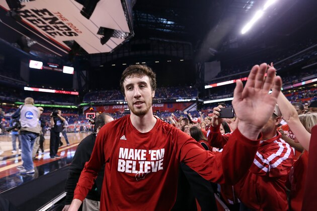 INDIANAPOLIS, IN - APRIL 04: Frank Kaminsky #44 of the Wisconsin Badgers celebrates after defeating the Kentucky Wildcats during the NCAA Men's Final Four Semifinal at Lucas Oil Stadium on April 4, 2015 in Indianapolis, Indiana. Wisconsin defeated Kentucky 71-64. (Photo by Streeter Lecka/Getty Images)