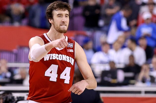 INDIANAPOLIS, IN - APRIL 04:  Frank Kaminsky #44 of the Wisconsin Badgers celebrates late in the game against the Kentucky Wildcats during the NCAA Men's Final Four Semifinal at Lucas Oil Stadium on April 4, 2015 in Indianapolis, Indiana.  (Photo by Streeter Lecka/Getty Images)