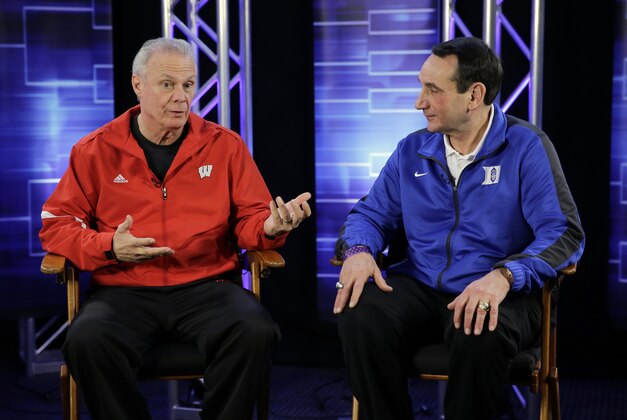 Wisconsin head coach Bo Ryan and Duke head coach Mike Krzyzewski talk during a CBS Sports interview for the NCAA Final Four college basketball tournament championship game Sunday, April 5, 2015, in Indianapolis. (AP Photo/David J. Phillip)