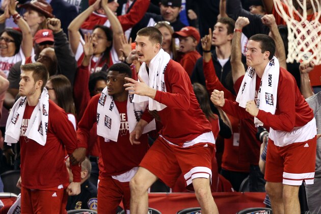 INDIANAPOLIS, IN - APRIL 04: The Wisconsin Badgers bench react late in the game against the Kentucky Wildcats during the NCAA Men's Final Four Semifinal at Lucas Oil Stadium on April 4, 2015 in Indianapolis, Indiana.  (Photo by Joe Robbins/Getty Images)
