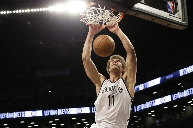 Brooklyn Nets center Brook Lopez dunks during the second half of the Nets' NBA basketball game against the Los Angeles Lakers, Sunday, March 29, 2015, in New York. The Nets won 107-99. (AP Photo/Mary Altaffer)