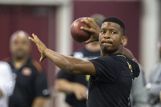 Jameis Winston passes during Florida State football pro day in Tallahassee, Fla., Tuesday, March 31, 2015.  (AP Photo/Mark Wallheiser)