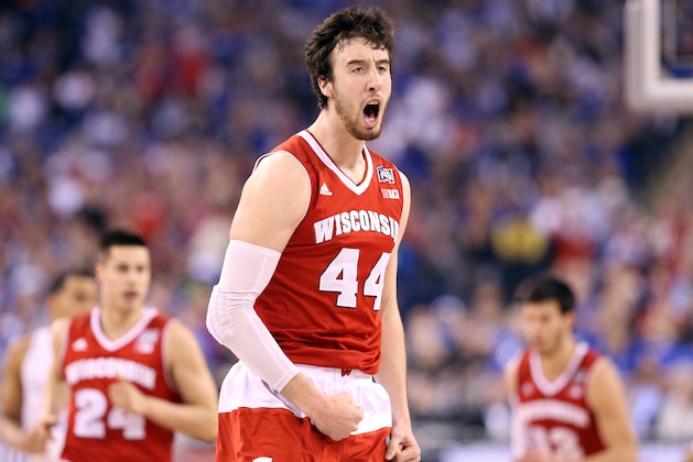 INDIANAPOLIS, IN - APRIL 04: Frank Kaminsky #44 of the Wisconsin Badgers celebrates after a play in the first half against the Kentucky Wildcats during the NCAA Men's Final Four Semifinal at Lucas Oil Stadium on April 4, 2015 in Indianapolis, Indiana.  (Photo by Streeter Lecka/Getty Images)