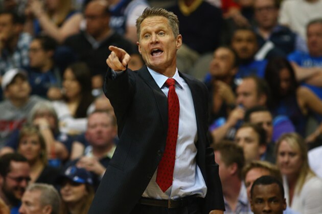 DALLAS, TX - APRIL 04:  Steve Kerr of the Golden State Warriors during play against the Dallas Mavericks at American Airlines Center on April 4, 2015 in Dallas, Texas.   NOTE TO USER: User expressly acknowledges and agrees that, by downloading and or using this photograph, User is consenting to the terms and conditions of the Getty Images License Agreement.  (Photo by Ronald Martinez/Getty Images)