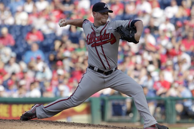 Atlanta Braves pitcher Craig Kimbrel throws against the Philadelphia Phillies in the ninth inning of a baseball game, Sunday, Sept. 28, 2014, in Philadelphia. The Braves won 2-1. (AP Photo/H. Rumph Jr)