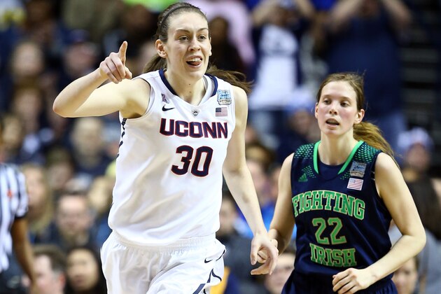 NASHVILLE, TN - APRIL 08:  Breanna Stewart #30 of the Connecticut Huskies reacts after a basket against the Notre Dame Fighting Irish during the NCAA Women's Final Four Championship at Bridgestone Arena on April 8, 2014 in Nashville, Tennessee.  (Photo by Andy Lyons/Getty Images)