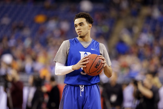 Duke's Tyus Jones looks to pass the ball during a practice session for the NCAA Final Four tournament college basketball semifinal game Friday, April 3, 2015, in Indianapolis. Duke plays Michigan State on Saturday. (AP Photo/Michael Conroy)