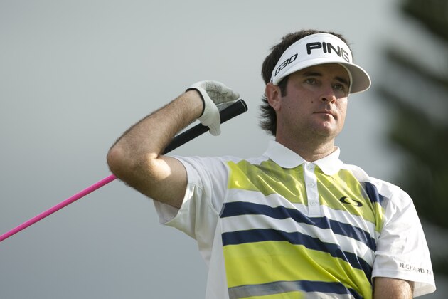 Bubba Watson reacts after taking a provisional shot on the 18th tee during the first round of the Tournament of Champions golf tournament, Friday, Jan. 9, 2015, in Kapalua, Hawaii.  (AP Photo/Marco Garcia)