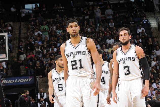 SAN ANTONIO, TX - APRIL 5: Tim Duncan #21 of the San Antonio Spurs stands on the court during a game against the Golden State Warriors on April 5, 2015 at the AT&T Center in San Antonio, Texas. NOTE TO USER: User expressly acknowledges and agrees that, by downloading and or using this Photograph, user is consenting to the terms and conditions of the Getty Images License Agreement. Mandatory Copyright Notice: Copyright 2015 NBAE (Photo by D. Clarke Evans/NBAE via Getty Images)