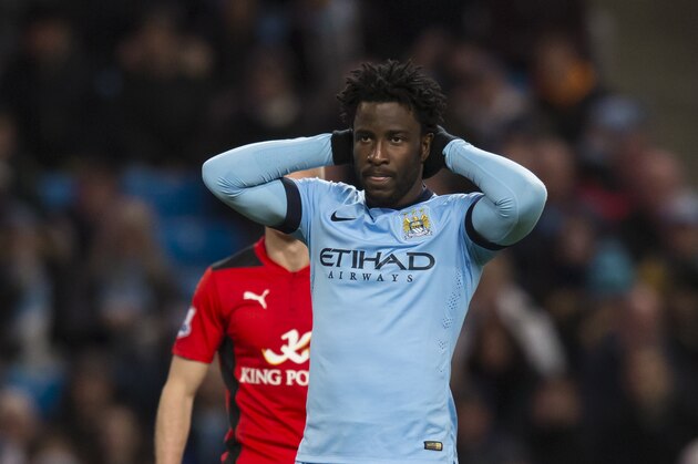Manchester City's Wilfried Bony reacts after a missed opportunity during the English Premier League soccer match between Manchester City and Leicester City at the Etihad Stadium, Manchester, England, Wednesday March 4, 2015. (AP Photo/Jon Super)