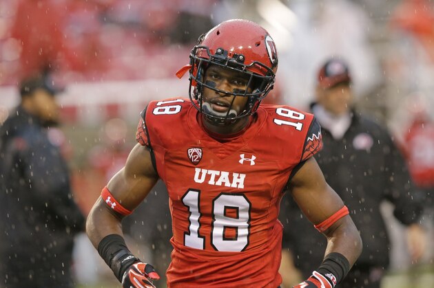 Utah defensive back Eric Rowe (18) looks on during warm ups before the start of their NCAA college football game against Washington State Saturday, Sept. 27, 2014, in Salt Lake City. (AP Photo/Rick Bowmer)