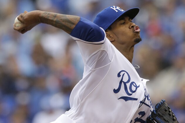 Kansas City Royals starting pitcher Yordano Ventura (30) delivers to a Chicago White Sox batter during the first inning an opening day baseball game at Kauffman Stadium in Kansas City, Mo., Monday, April 6, 2015. (AP Photo/Orlin Wagner)