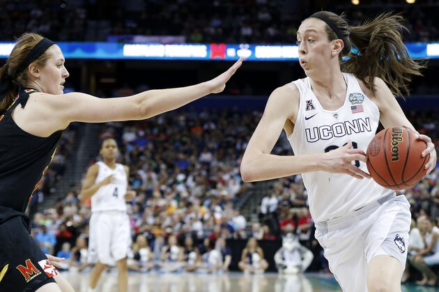 TAMPA, FL - APRIL 05:  Breanna Stewart #30 of the Connecticut Huskies drives against the Maryland Terrapins in the first half during the NCAA Women's Final Four Semifinal at Amalie Arena on April 5, 2015 in Tampa, Florida.  (Photo by Mike Carlson/Getty Images)
