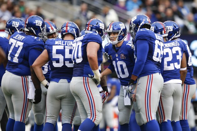 New York Giants' Eli Manning (10) talks to his team in a huddle during the first half of an NFL football game against the Philadelphia Eagles, Sunday, Dec. 28, 2014, in East Rutherford, N.J. (AP Photo/Kathy Willens)