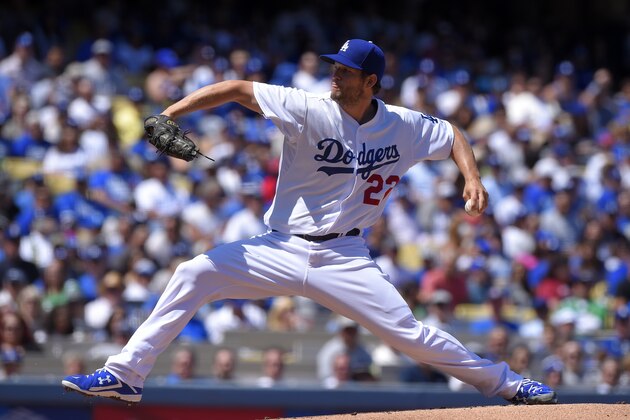 Los Angeles Dodgers starting pitcher Clayton Kershaw throws to the plate during the first inning of an opening day baseball game against the San Diego Padres, Monday, April 6, 2015, in Los Angeles. (AP Photo/Mark J. Terrill)