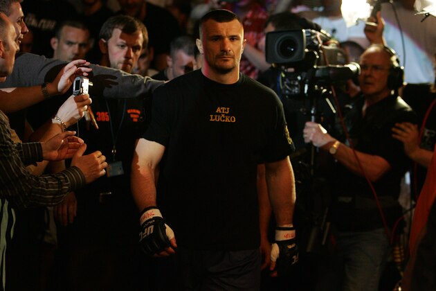 MANCHESTER, UNITED KINGDOM - APRIL 21: A pensive Mirko Cro Cop of Croatia walks to the octagon before fighting Gabriel Gonzaga of USA in a Heavyweight bout of the Ultimate Fighting Championship at the Manchester Evening News Arena on April 21, 2007 in Manchester, England. (Photo by Gary M. Prior/Getty Images)