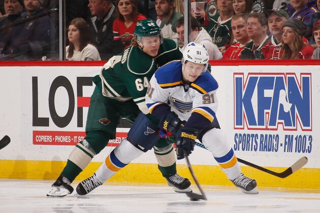 ST. PAUL, MN - NOVEMBER 29: Mikael Granlund #64 of the Minnesota Wild is called for hooking penalty against Vladimir Tarasenko #91 of the St. Louis Blues during the game on November 29, 2014 at the Xcel Energy Center in St. Paul, Minnesota. (Photo by Bruce Kluckhohn/NHLI via Getty Images)