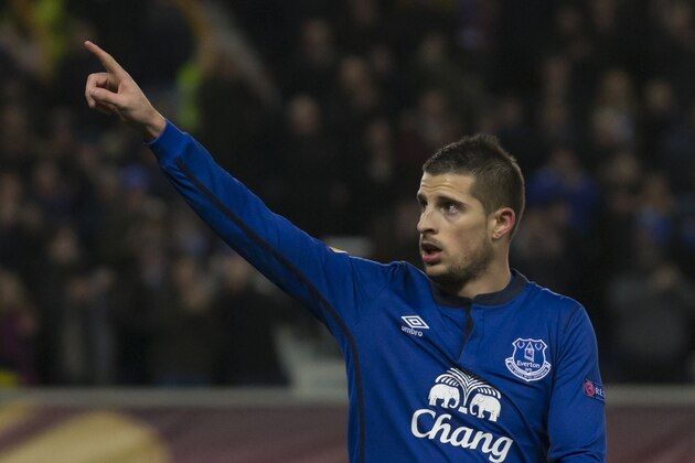 Everton's Kevin Mirallas celebrates after scoring during the Europa League round of 32 second leg soccer match between Everton and BSC Young Boys at Goodison Park Stadium, Liverpool, England, Thursday, Feb. 26, 2015. (AP Photo/Jon Super)