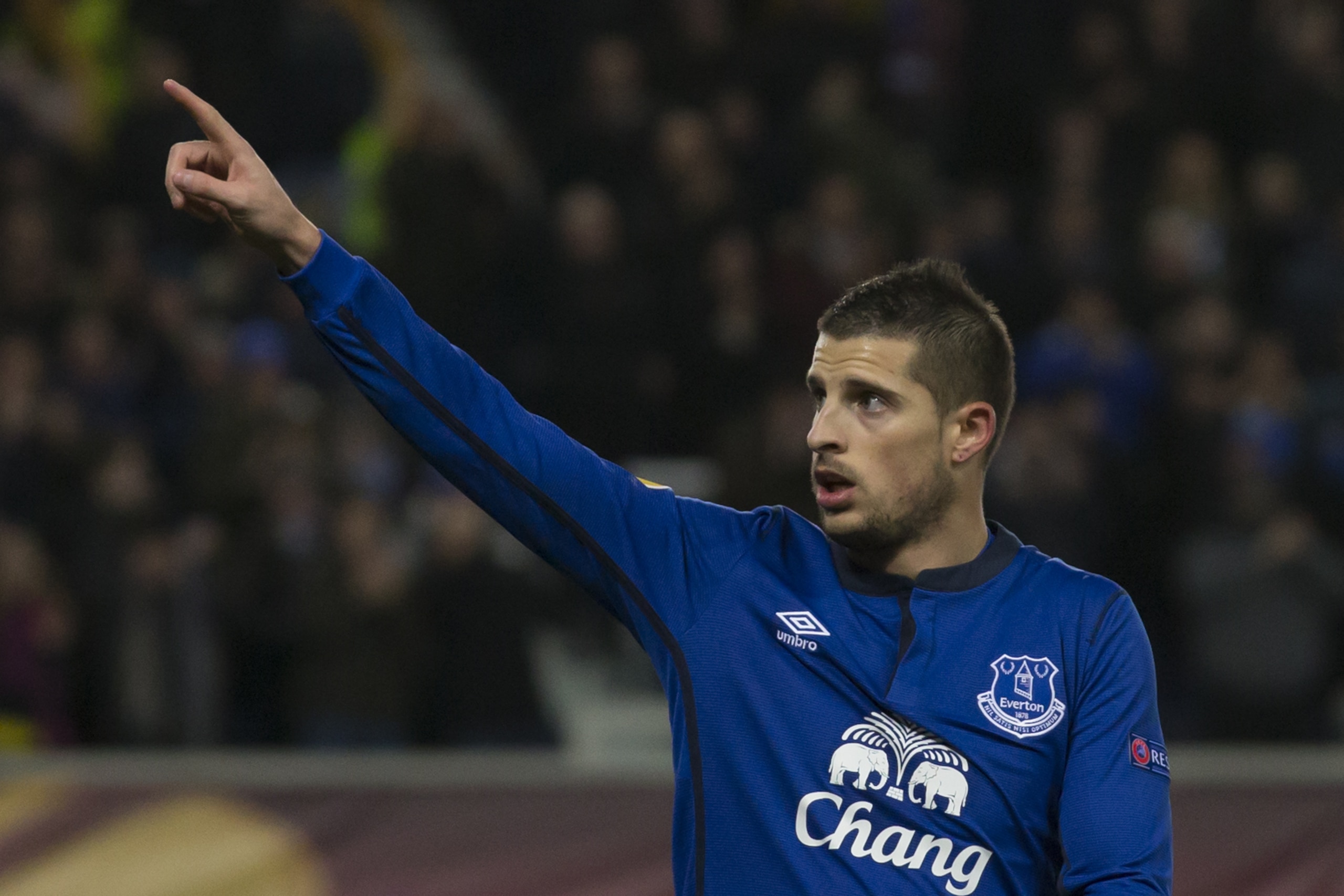 Everton's Kevin Mirallas celebrates after scoring during the Europa League round of 32 second leg soccer match between Everton and BSC Young Boys at Goodison Park Stadium, Liverpool, England, Thursday, Feb. 26, 2015. (AP Photo/Jon Super)