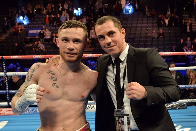BELFAST, NORTHERN IRELAND - FEBRUARY 28:  Carl Frampton (L) with Scott Quigg (R) aftet Framptons victory for the IBF Super Bantamweight World Title at Odyssey Arena on February 28, 2015 in Belfast, Northern Ireland.  (Photo by Charles McQuillan/Getty Images)