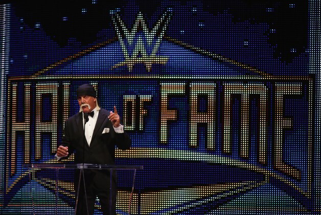 IMAGE DISTRIBUTED FOR WWE - Professional wrestling superstar Hulk Hogan inducts the late Randy