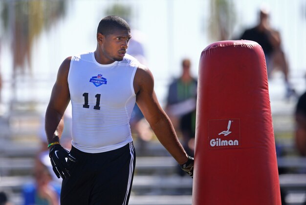 Mar 22, 2015; Tempe, AZ, USA; Defensive end Michael Sam (11) participates in drills during the NFL Veteran Combine at the Arizona Cardinals training facility. Mandatory Credit: Mark J. Rebilas-USA TODAY Sports