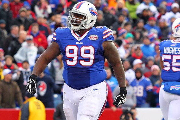 Buffalo Bills defensive tackle Marcell Dareus (99) celebrates a sack against the Kansas City Chiefs during the second half of an NFL football game, Sunday, Nov. 9, 2014, in Orchard Park, N.Y. (AP Photo/Bill Wippert)