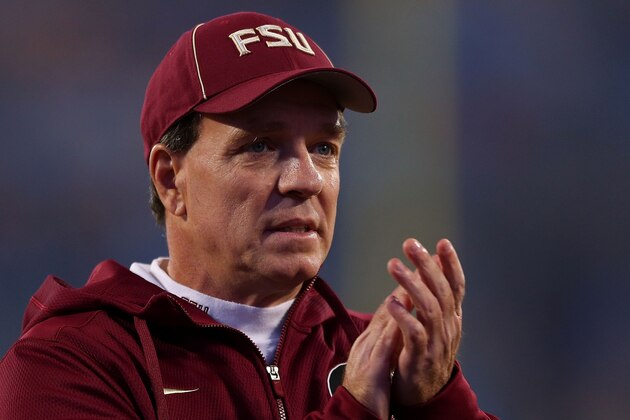 CHARLOTTE, NC - DECEMBER 06: Florida State Seminoles head coach Jimbo Fisher evaluates his team before the game against the Georgia Tech Yellow Jackets at the ACC Championship game on December 6, 2014 in Charlotte, North Carolina. (Photo by Mike Ehrmann/Getty Images)